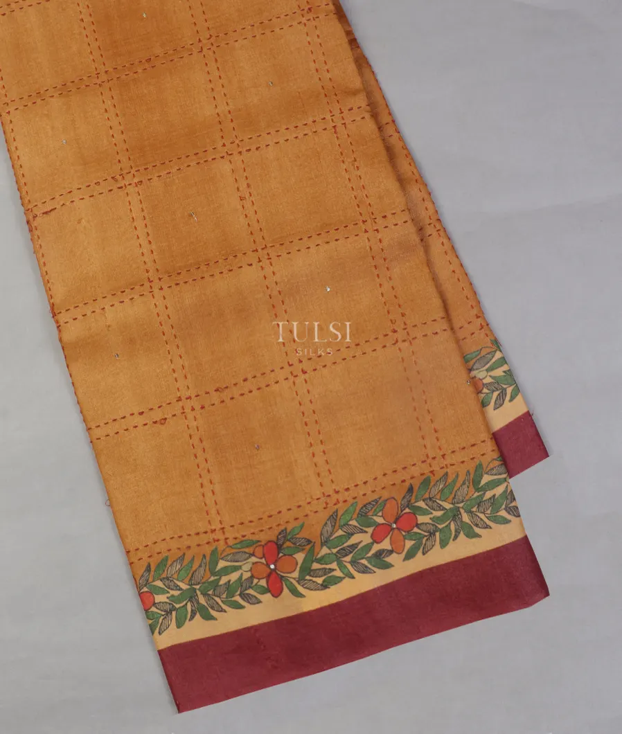 Yellow Tussar Printed Saree T510091-image