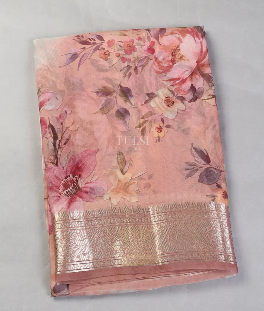 Pink And Off - White Kora Organza Printed Saree T519747-image
