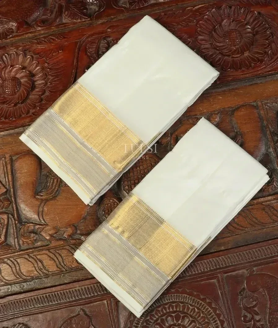 White Handwoven Kanjivaram Silk Dhoti and Vastharam T457835-image