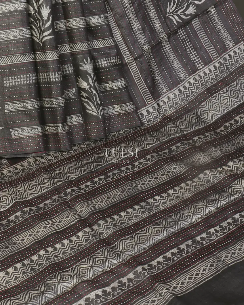 Grey Tussar Printed Saree T5534182