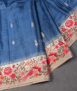 Blue Tussar Embroidery Saree T5488772