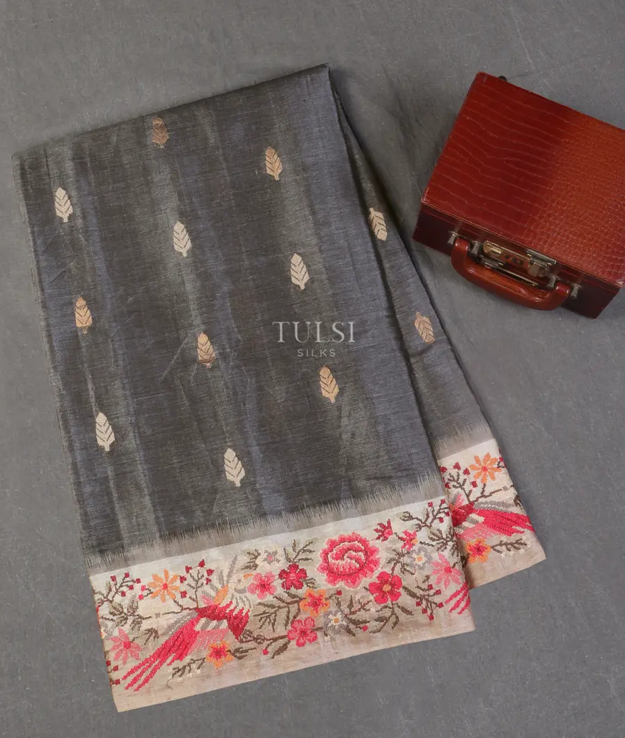 Grey Tussar Embroidery Saree T548879-image