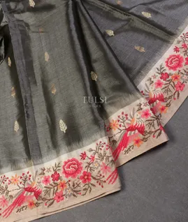 Grey Tussar Embroidery Saree T5488792