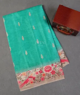 Bluish Green Tussar Embroidery Saree T5488781