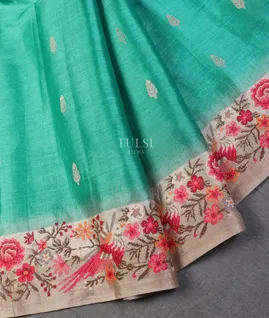 Bluish Green Tussar Embroidery Saree T5488782