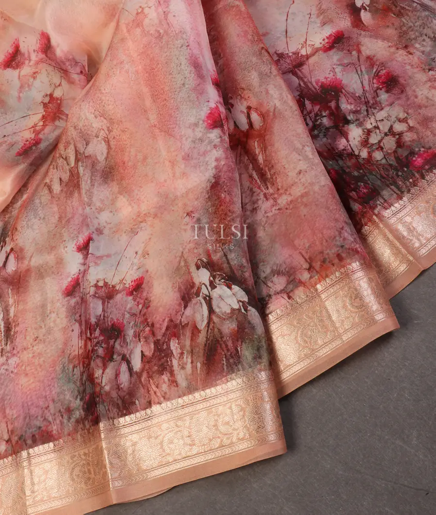 Peach Kora Organza Printed Saree T521950-image