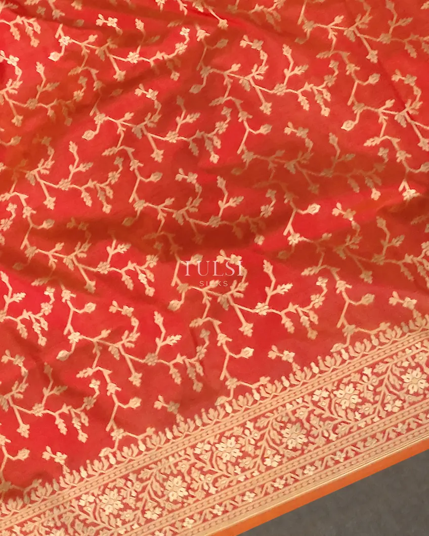 Orangish Pink Banaras Kathan Silk Saree T5533495