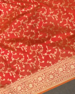 Orangish Pink Banaras Kathan Silk Saree T5533495