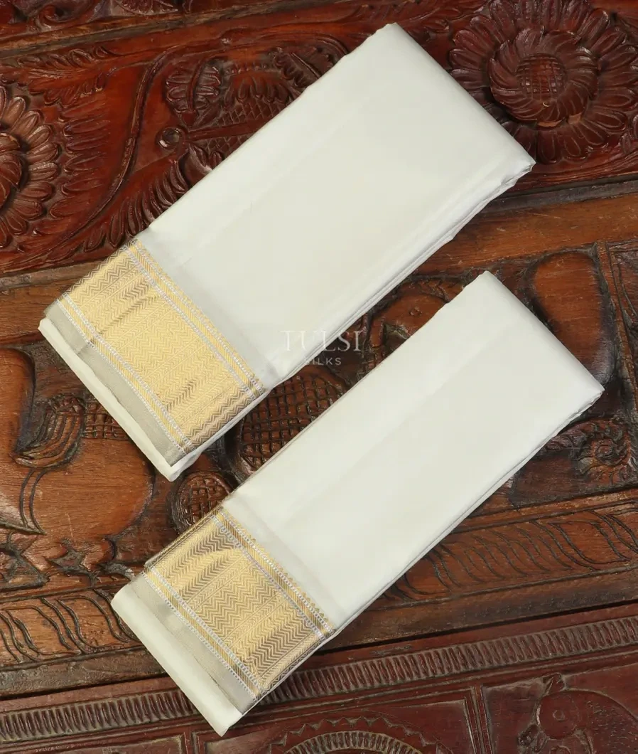 White Handwoven Kanjivaram Silk Dhoti and Vastharam T481179-image