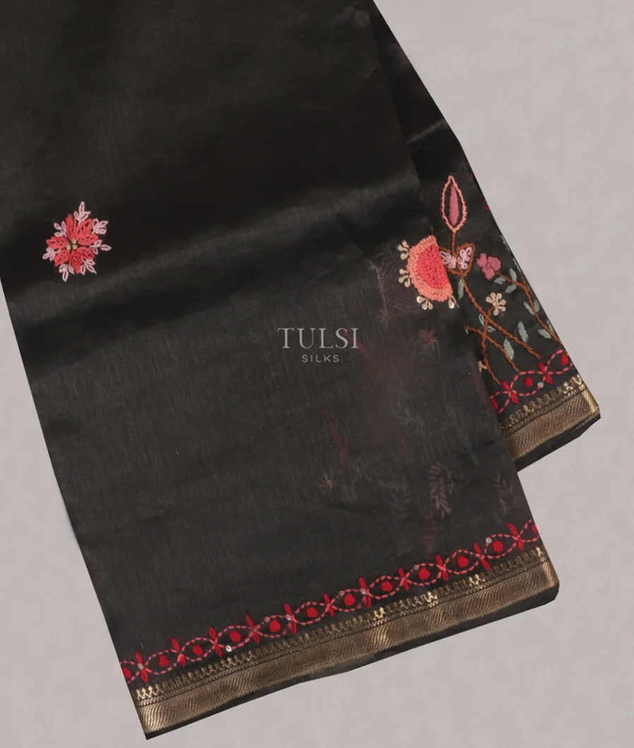 Black Linen Embroidery Saree T534110-image