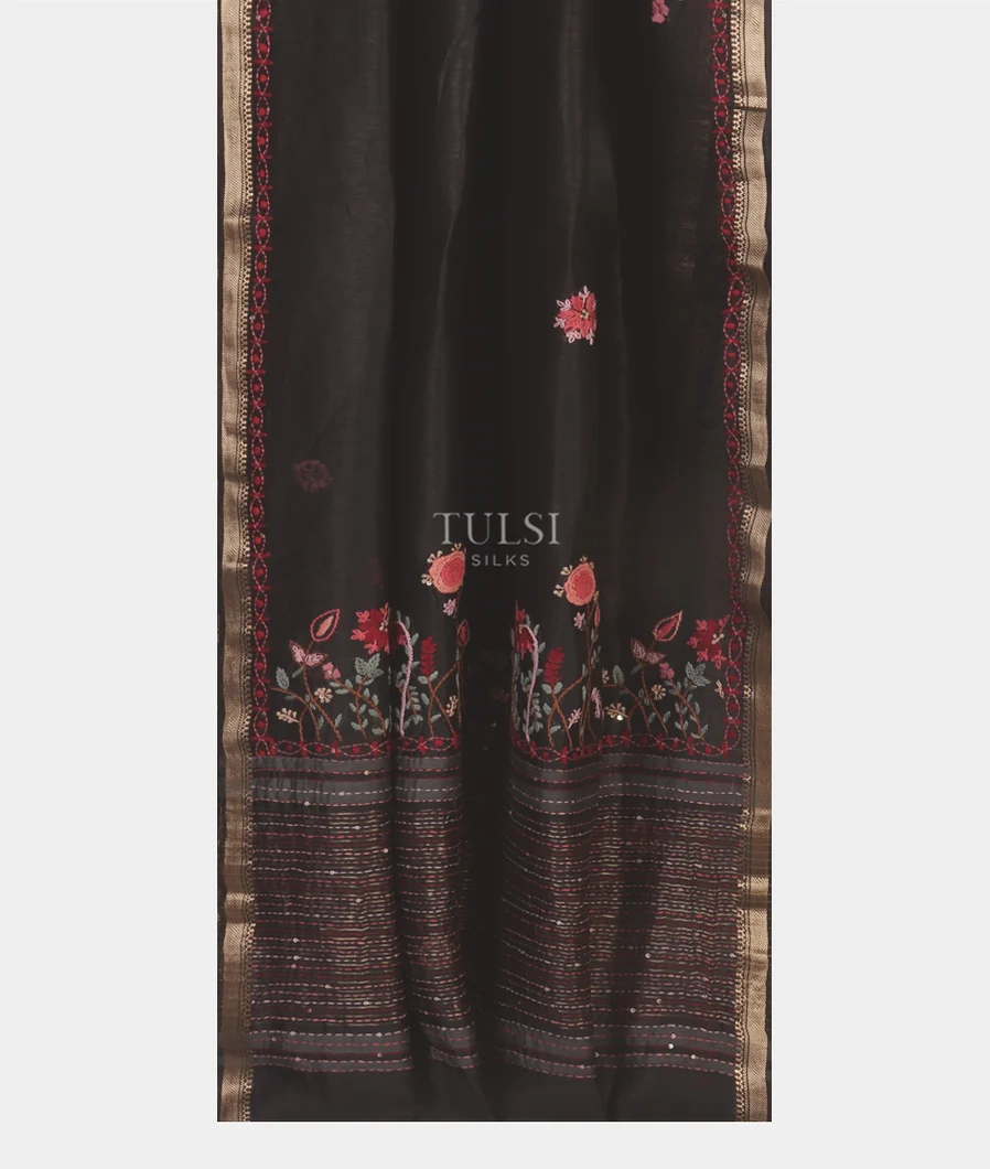 Black Linen Embroidery Saree T5341102
