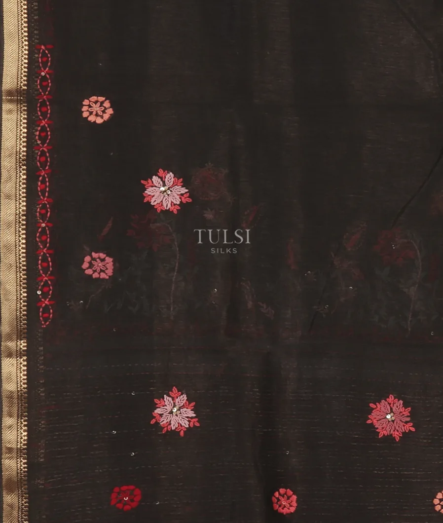 Black Linen Embroidery Saree T5341103