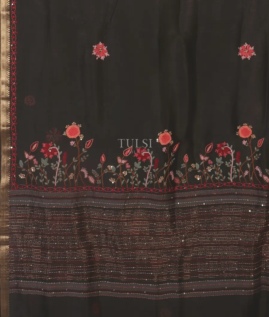 Black Linen Embroidery Saree T5341104