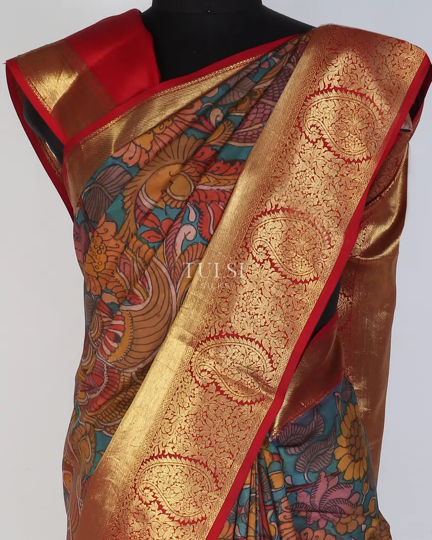 Blue Kanjivaram Kalamkari Handpainted Saree T554511-image
