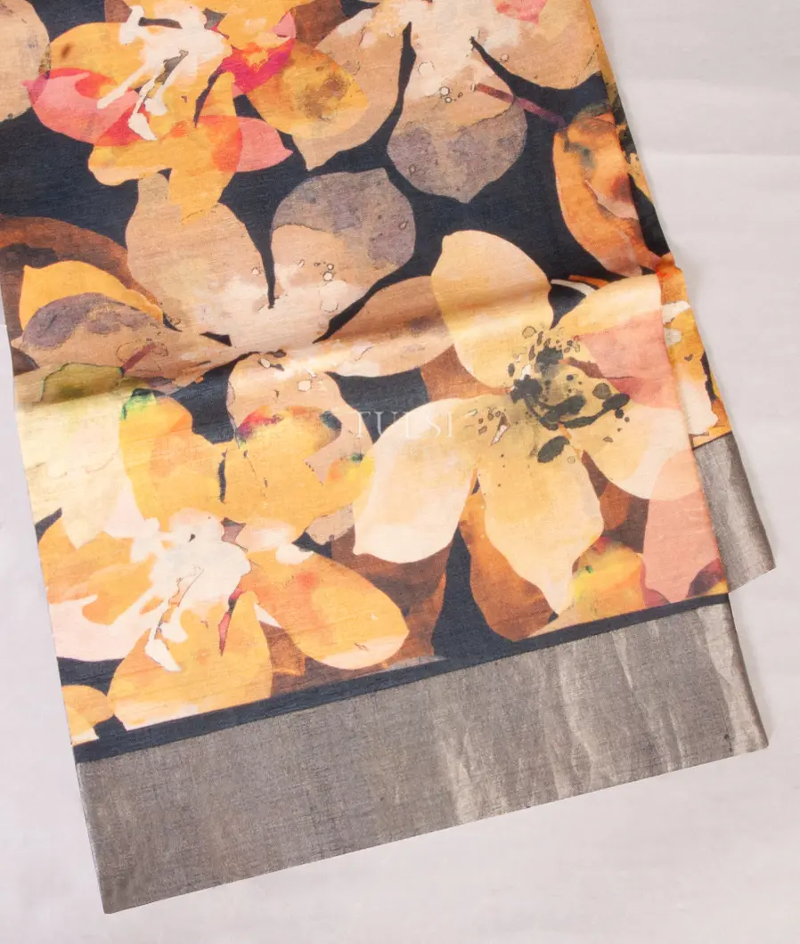 Dark Grey Tussar Printed Saree T535036-image