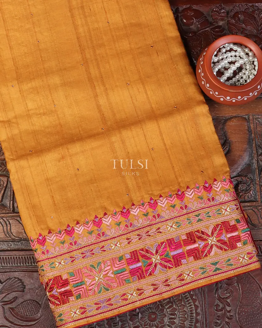 Yellow Tussar Embroidery Saree T555445-image