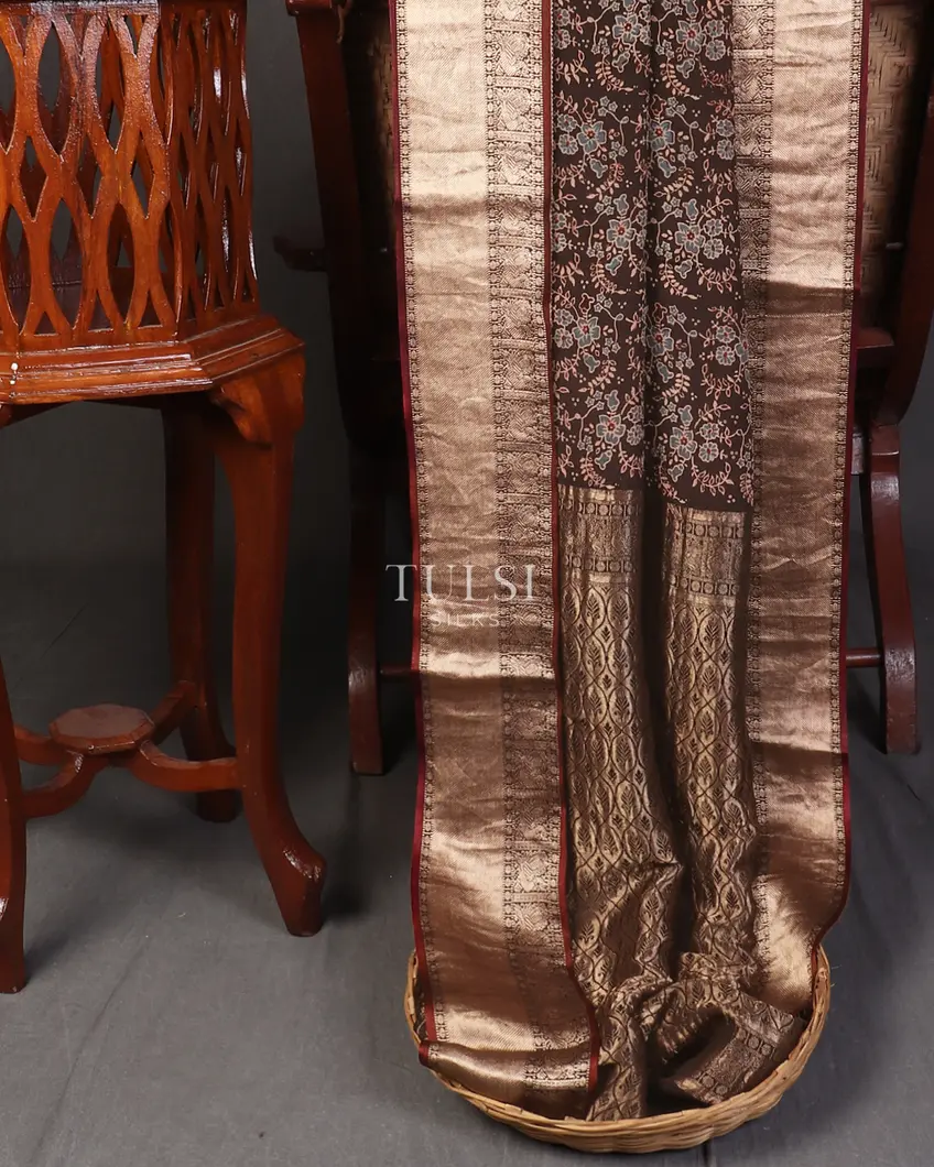 Deep Brown Mysore Crepe With Ajrakh Printed Saree T556360-image