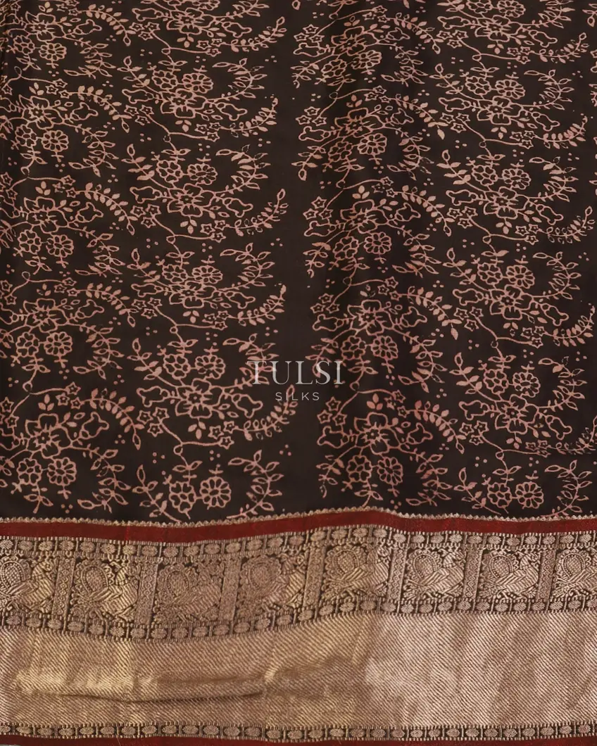 Deep Brown Mysore Crepe With Ajrakh Printed Saree T5563603