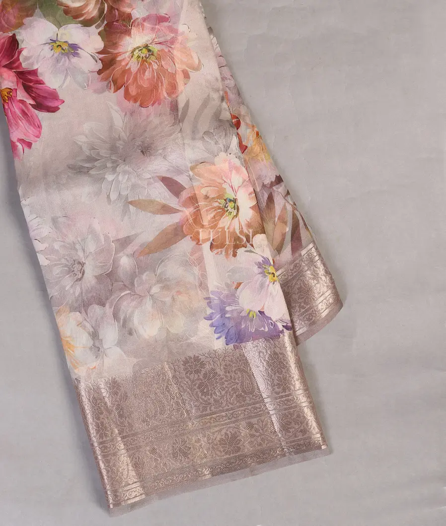 Grey Kora Organza Printed Saree T519734-image