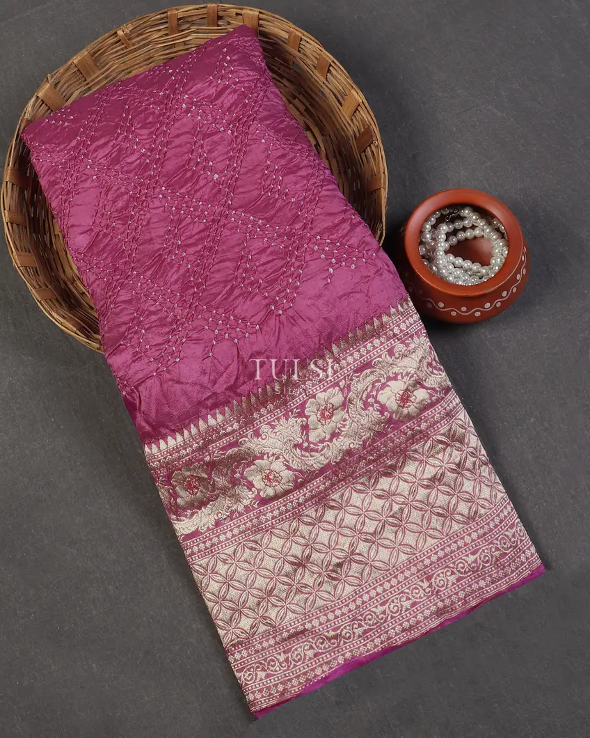 purple original Handmade Bandhej with Kanchipuram zari and minakari weaving  big Border bandhani saree - Pramukh Fab - 4004904