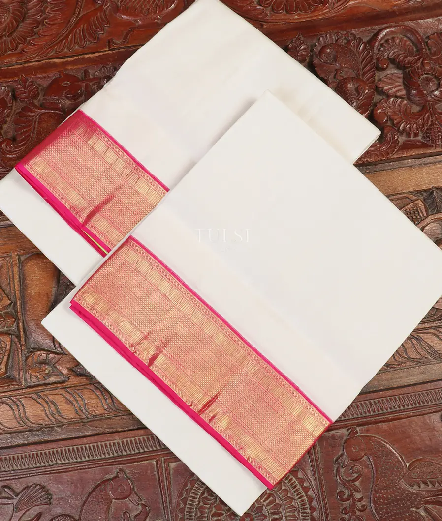 White Handwoven Kanjivaram Silk Dhoti and Vastharam T515573-image