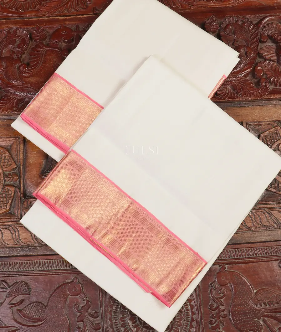 White Handwoven Kanjivaram Silk Dhoti and Vastharam T517634-image
