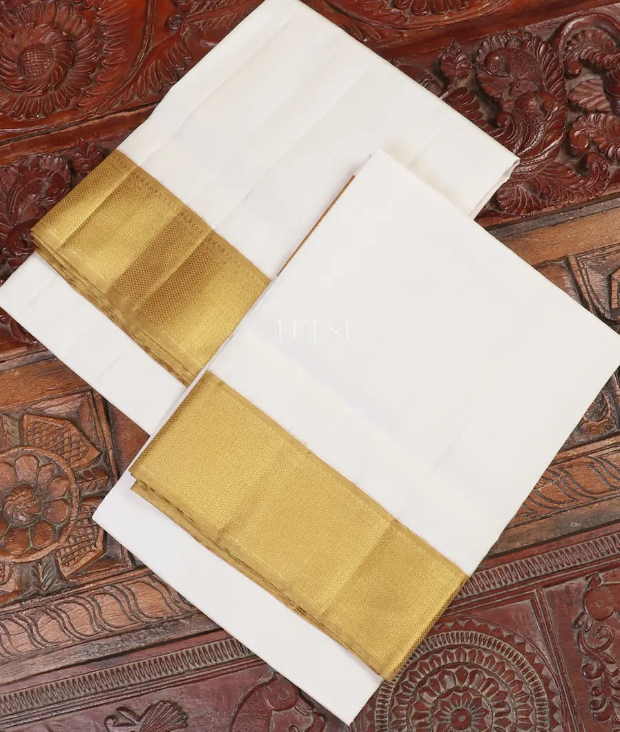 White Handwoven Kanjivaram Silk Dhoti and Vastharam T551176-image