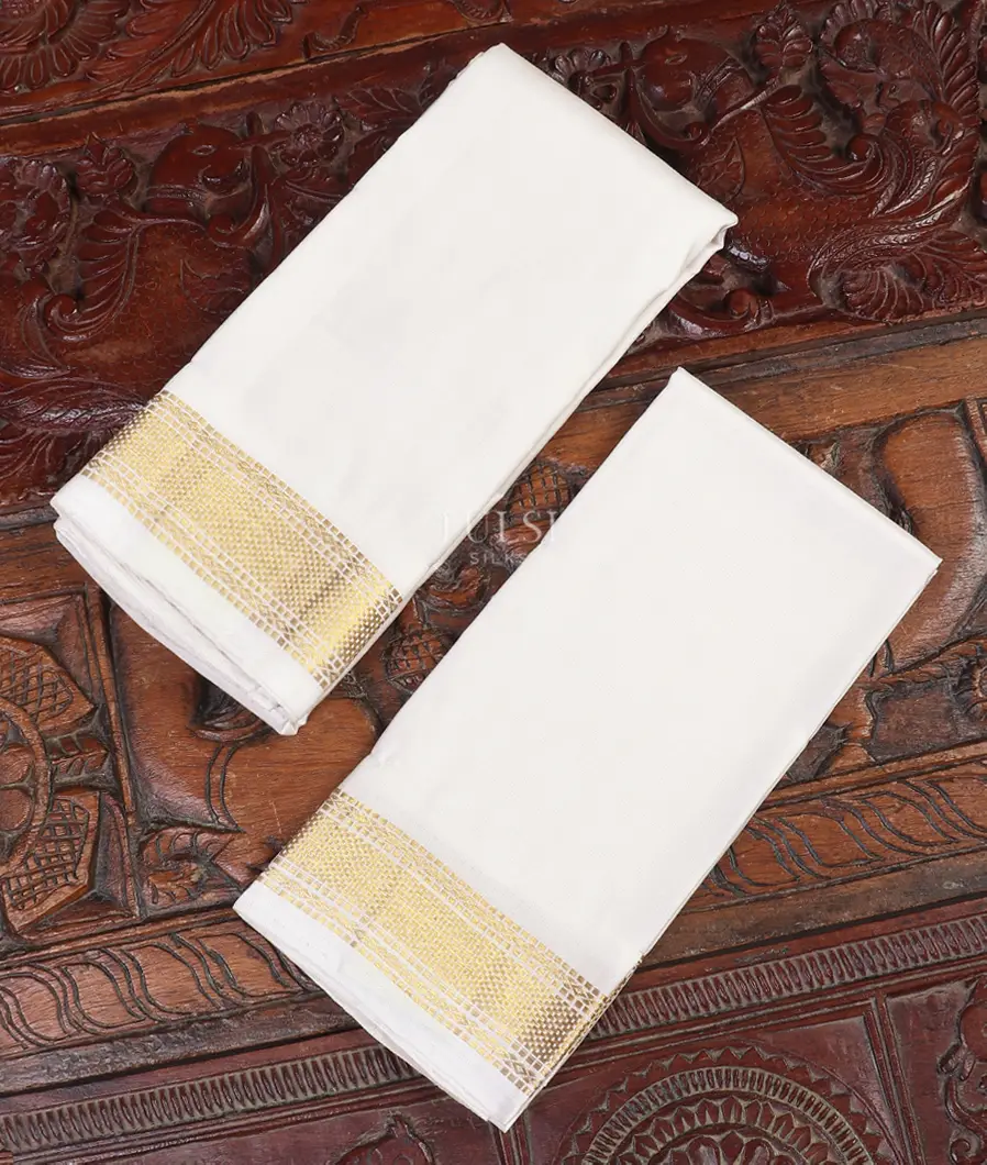 White Handwoven Kanjivaram Silk Dhoti and Vastharam T550930-image