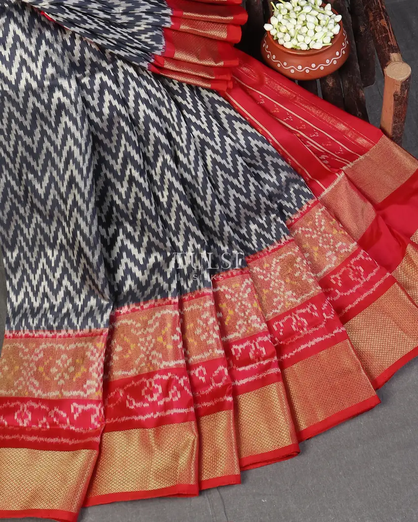 Bluish Grey Ikat Silk Saree T5452192