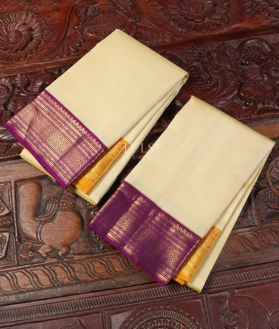 Cream  Handwoven Kanjivaram Silk Dhoti and Vastharam T532986-image