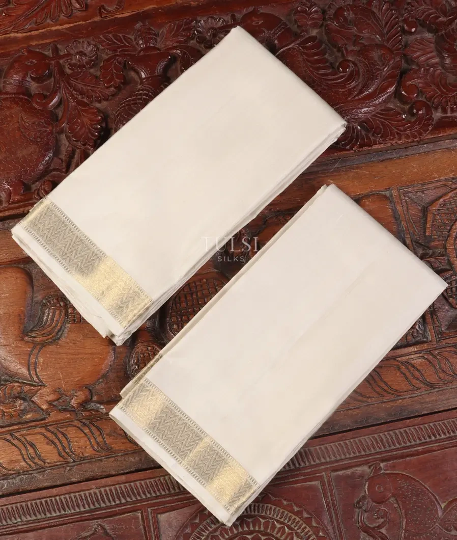 White Handwoven Kanjivaram Silk Dhoti and Vastharam T539732-image
