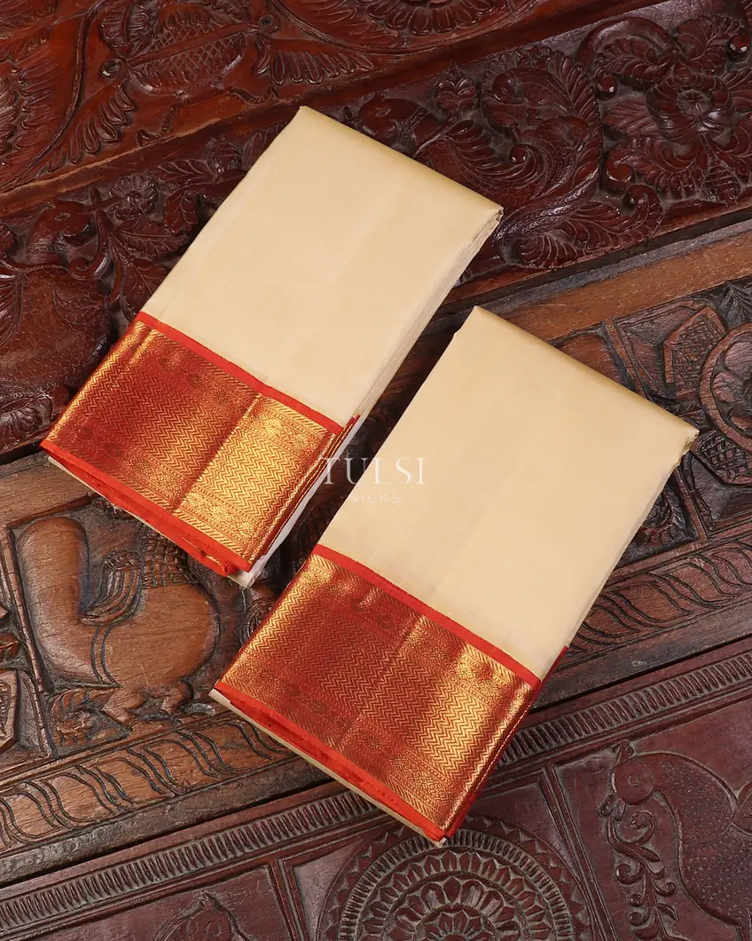 Beige Handwoven Kanjivaram Silk Dhoti and Vastharam T557668-image