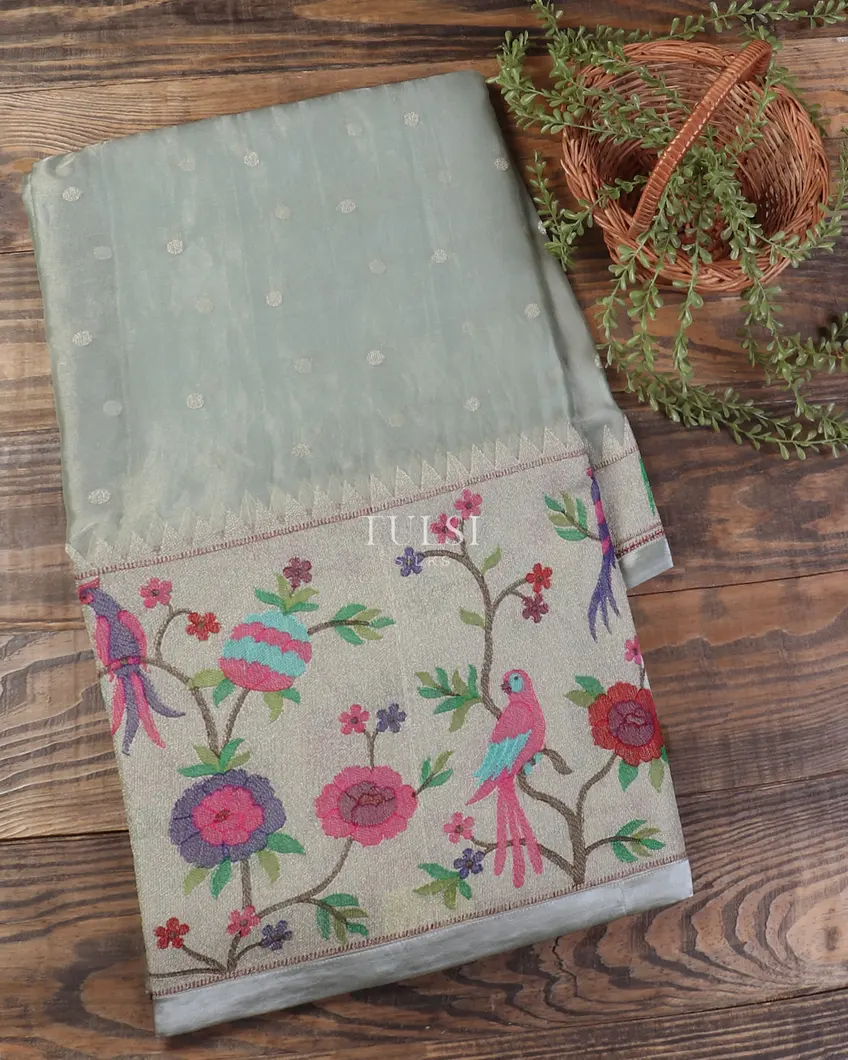 Bluish Grey Kora Tissue Organza Embroidery Saree T561421-image