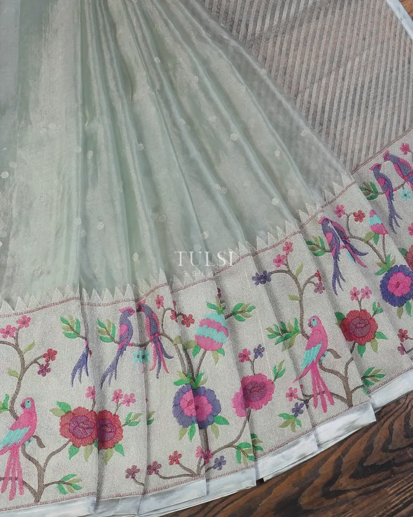 Bluish Grey Kora Tissue Organza Embroidery Saree T5614212