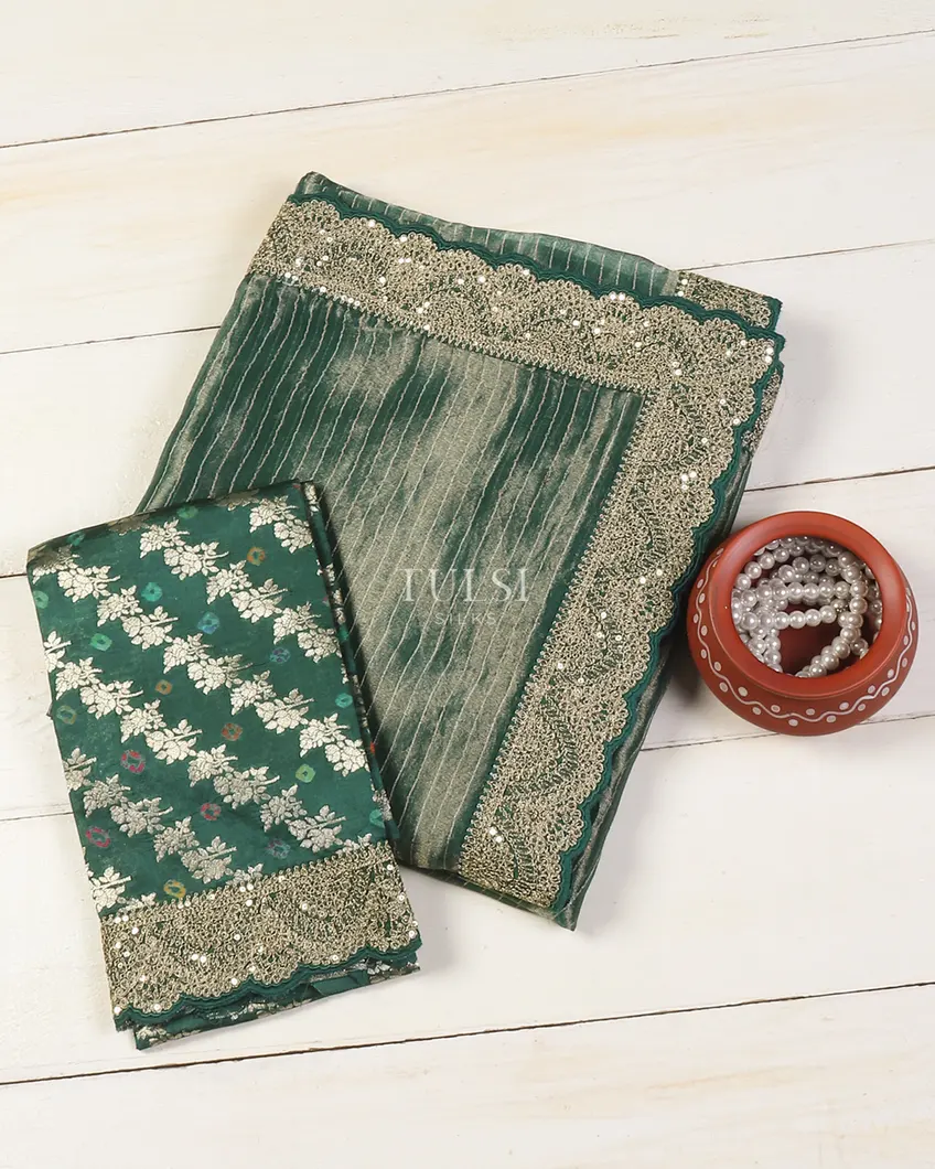 Bluish Green Kora Tissue Organza Embroidery Saree T553844-image