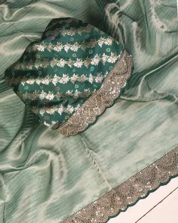 Bluish Green Kora Tissue Organza Embroidery Saree T5538445