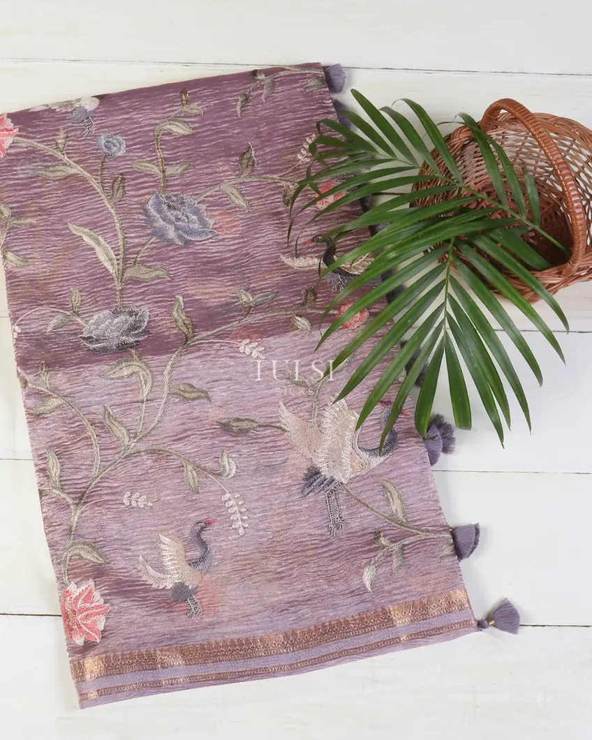 Lavender Crushed Tissue Embroidery SareeT564455-image