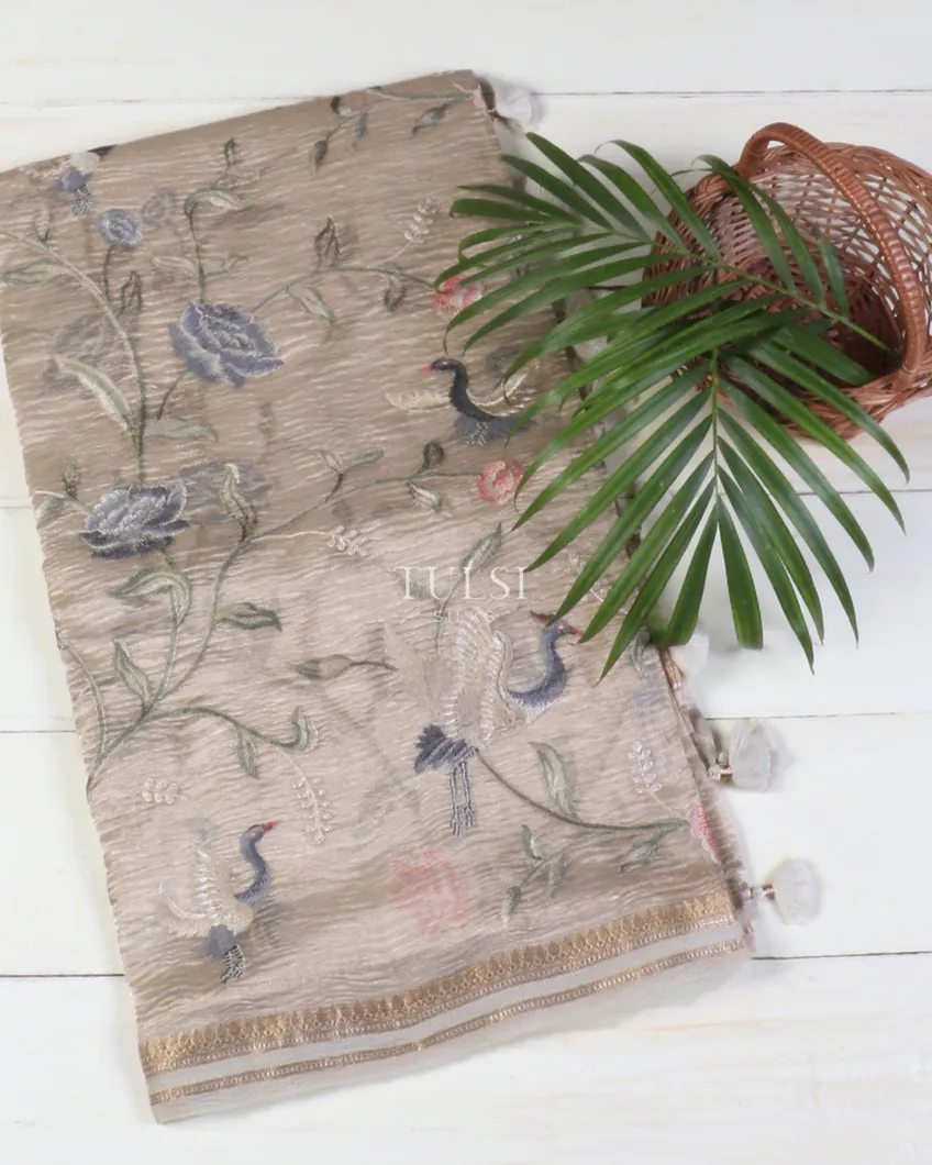 Light Beige Crushed Tissue Embroidery Saree T564458-image