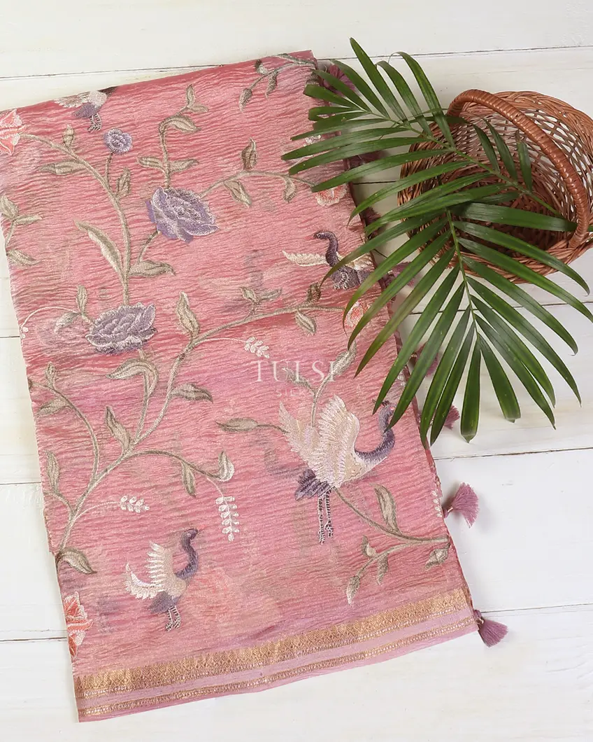 Pink Crushed Tissue Embroidery Saree T564456-image