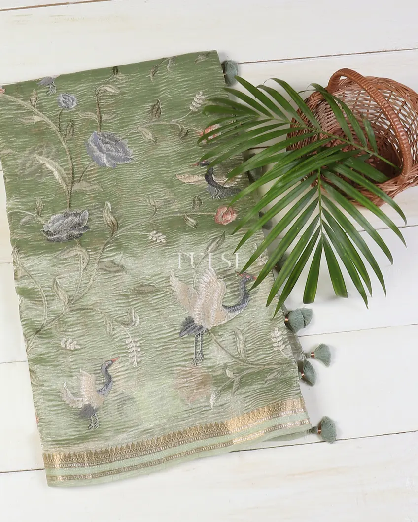 Green Crushed Tissue Embroidery Saree T564457-image