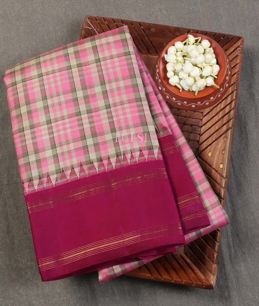 Shop Blue Kanjivaram Saree Online in USA with Multicolor Check Border –  Pure Elegance