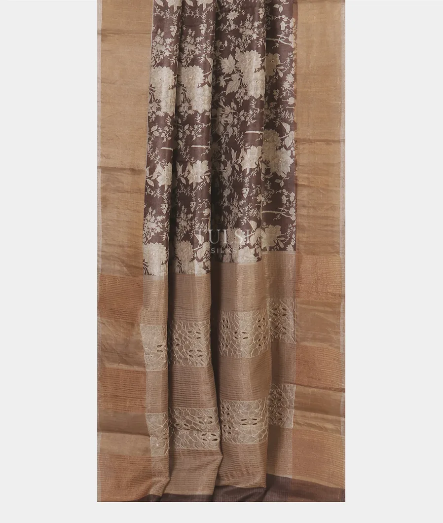 Brownish Grey Tussar Printed Saree T5580242