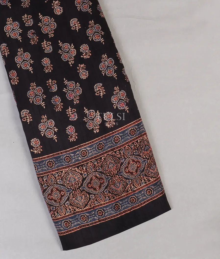 Black Ajrakh Printed Raw Silk Saree T556352-image