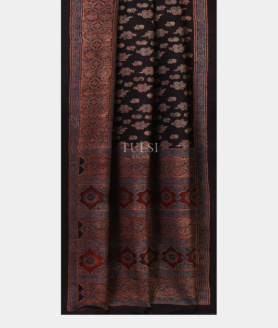 Black Ajrakh Printed Raw Silk Saree T5563522