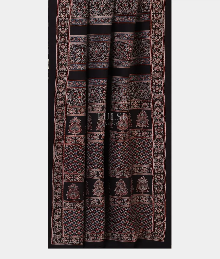 Black Ajrakh Printed Raw Silk Saree T5427282