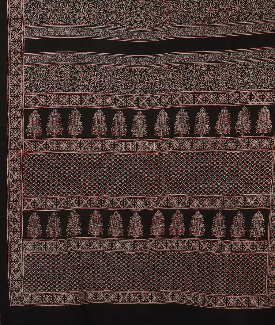 Black Ajrakh Printed Raw Silk Saree T5427284