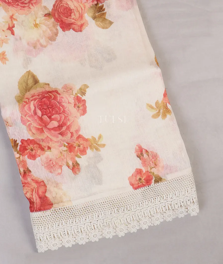 White Linen Printed Saree With Lace Border T564296-image
