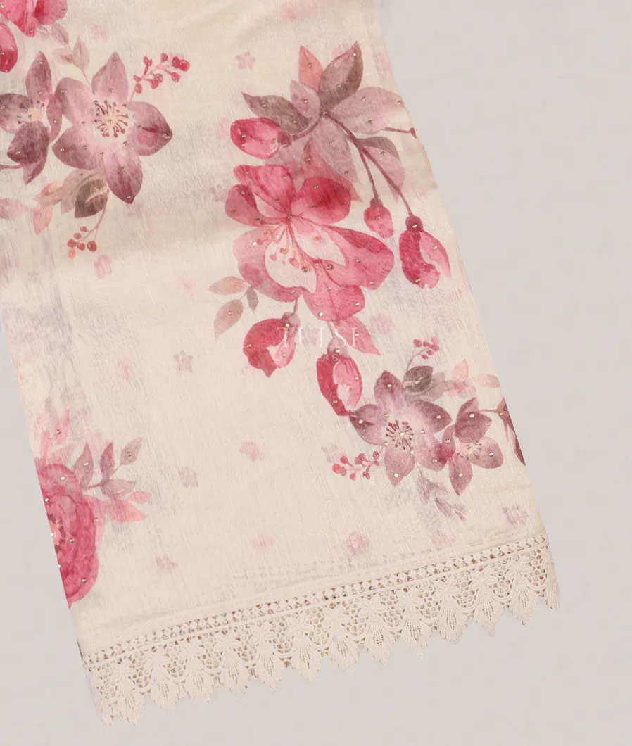 White Linen Printed Saree With Lace Border T564286-image