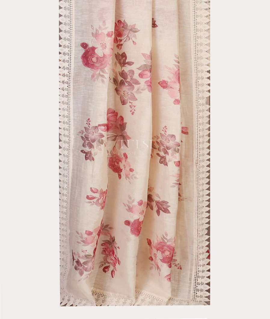 White Linen Printed Saree With Lace Border T5642862