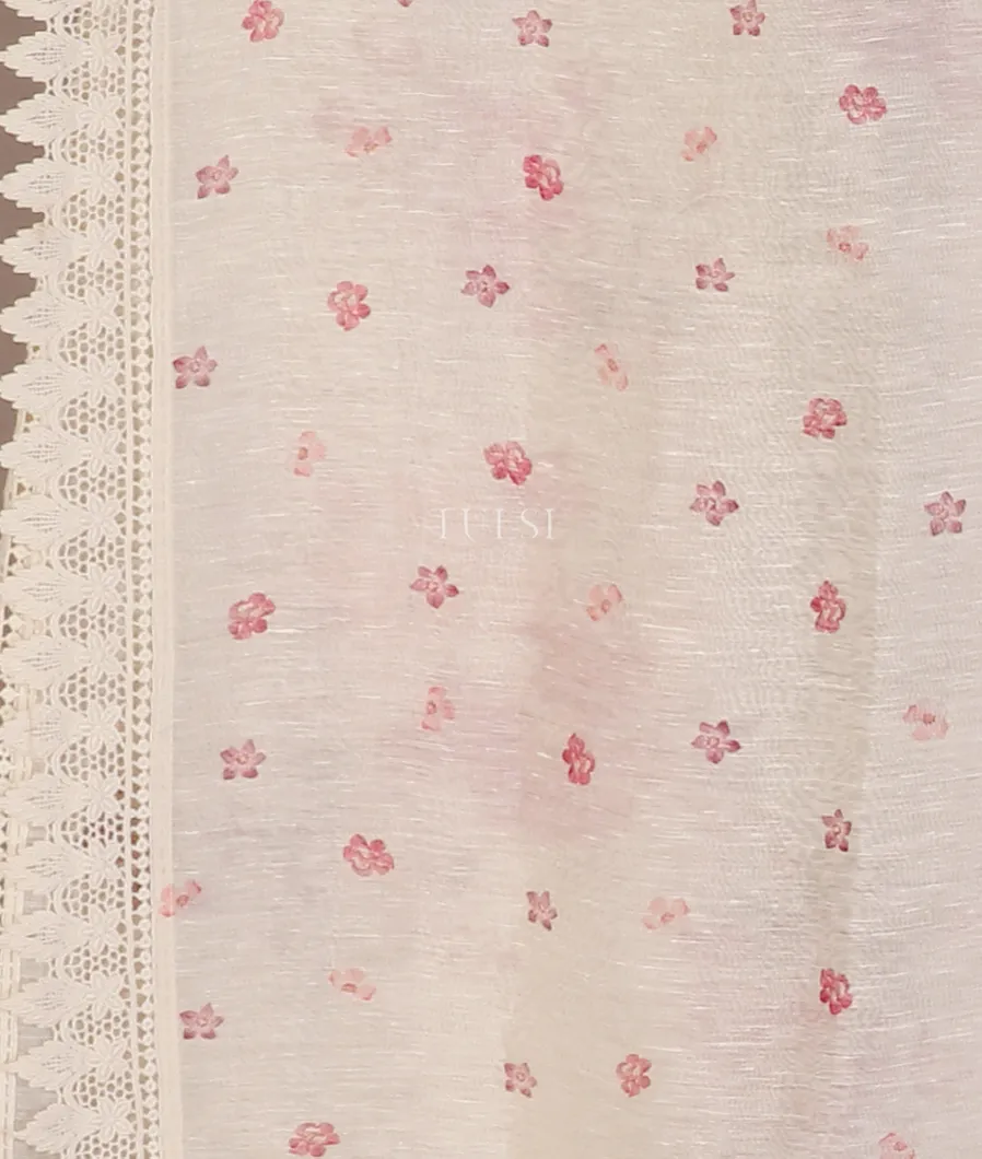 White Linen Printed Saree With Lace Border T5642863